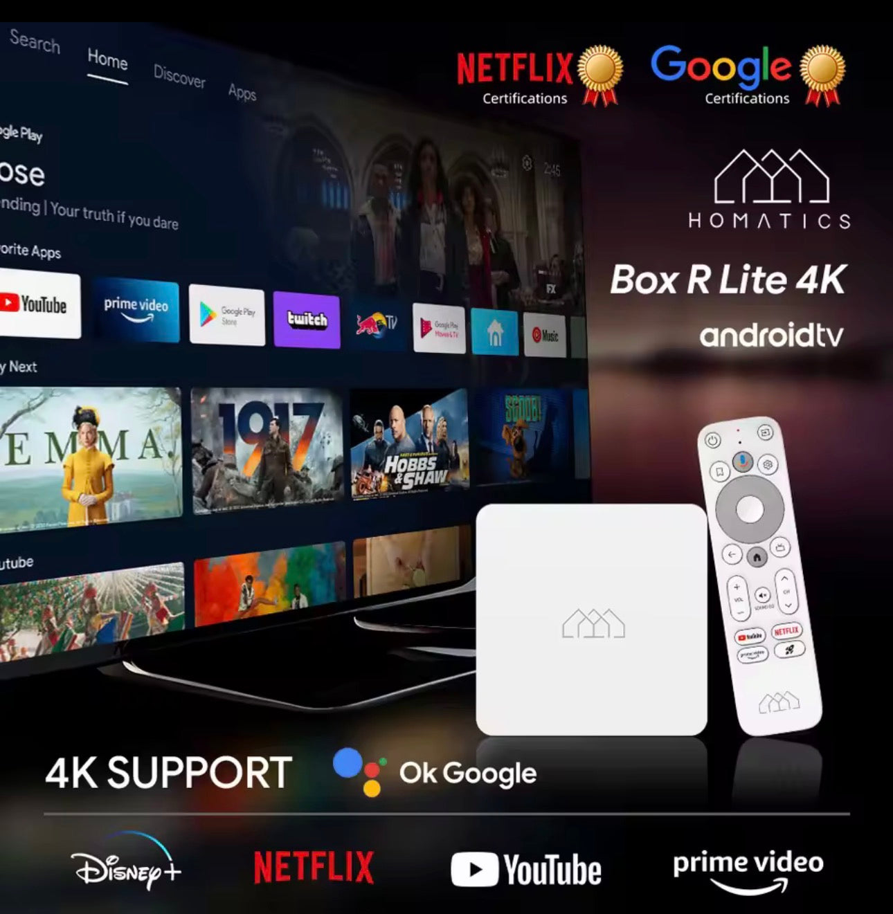 Homatics Box R Lite 4k – Android TV certifiée 4K HDR + Dolby Audio + Bluetooth 5.2